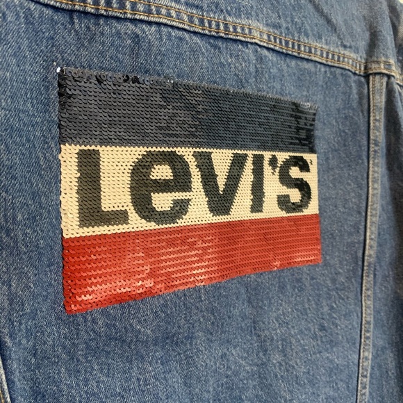 Levi's Original Sequin Trucker Jean Jacket Denim Blue Red Size Small - Picture 11 of 16